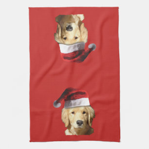 Golden Retriever Santa Claus Tea Towel