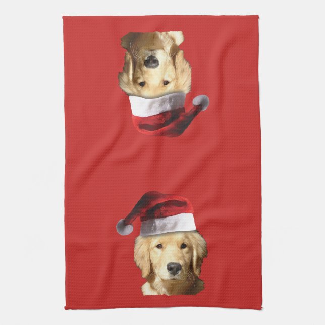 Golden Retriever Santa Claus Tea Towel (Vertical)