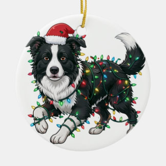 Golden Retriever Santa Hat Christmas Lights Funny Ceramic Ornament