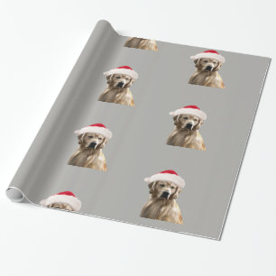 Golden Retriever Santa Hat Gift Wrap Paper Grey