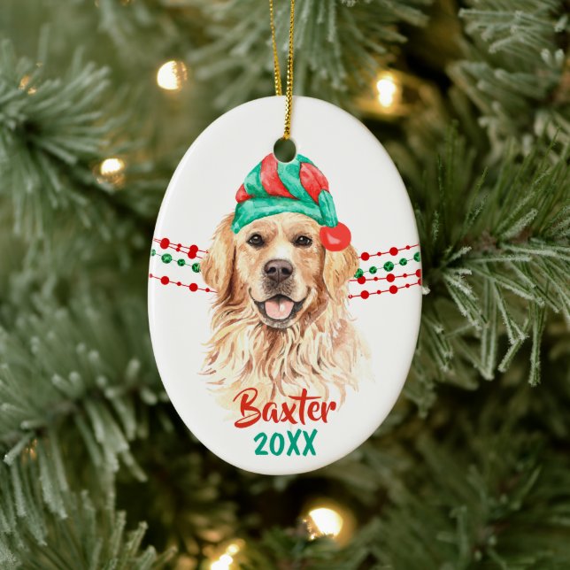 Golden Retriever Santa Hat Holiday String Beads Ceramic Ornament (Tree)