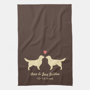 Golden Retriever Silhouettes with Heart and Text Tea Towel