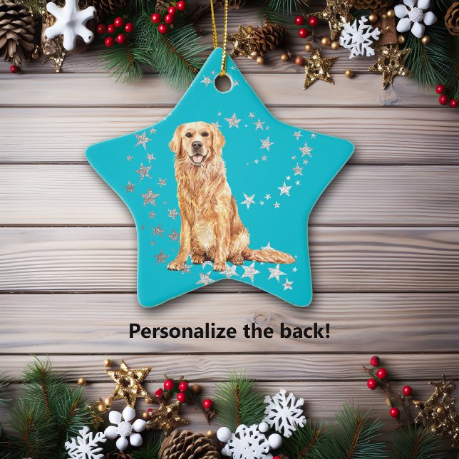 Golden Retriever Silver Stars Teal Christmas Ceramic Ornament (Creator Uploaded)