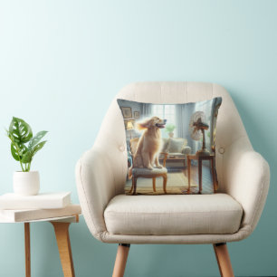 Golden Retriever Sitting in Front of Fan Cushion