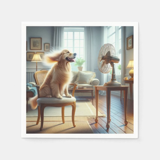 Golden Retriever Sitting in Front of Fan Napkin (Front)
