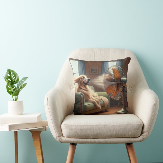 Golden Retriever Sitting in Front of Retro Fan Cushion (Chair)
