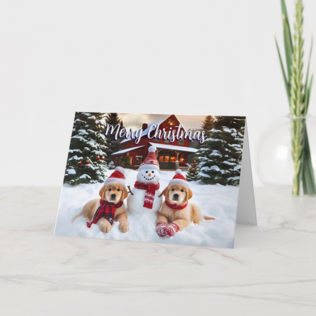Golden Retriever Snow Puppies Christmas Card (Front)