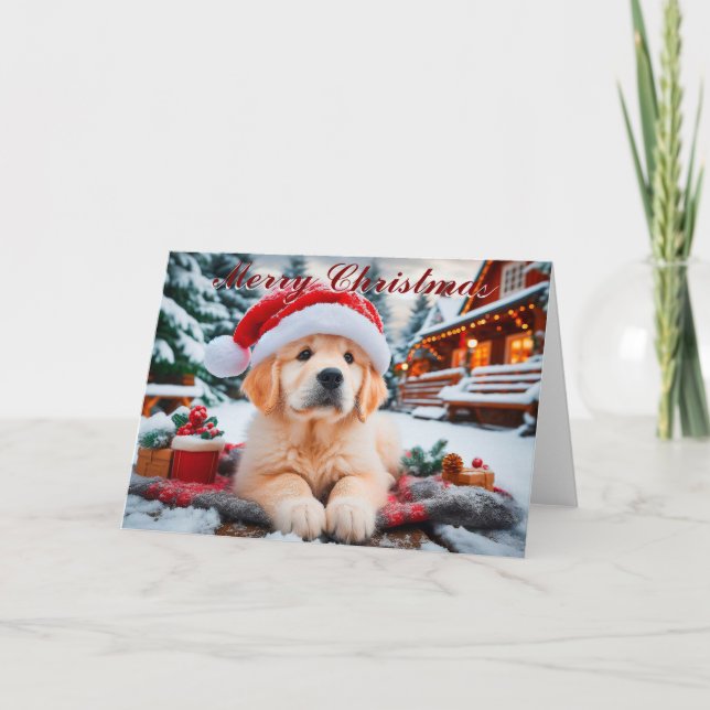 Golden Retriever Snow Puppy Christmas Card (Front)