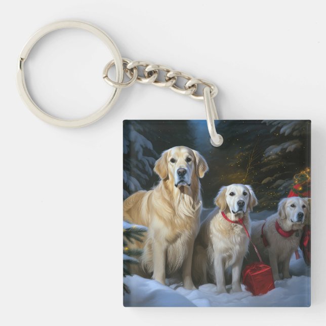 Golden Retriever Snowy Sleigh Christmas Decor  Key Ring (Front)