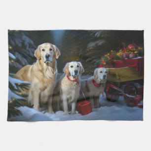 Golden Retriever Snowy Sleigh Christmas Decor Tea Towel