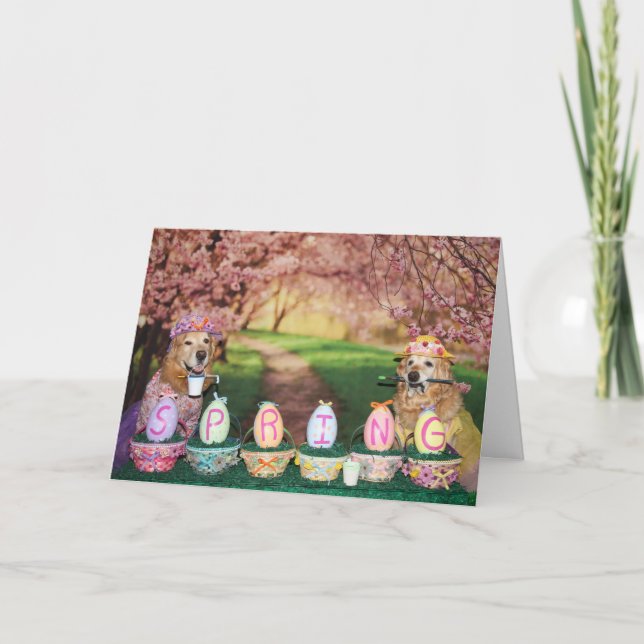 Golden Retriever Spring into Easter Holiday Card (Front)