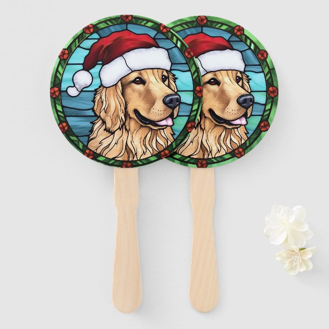 Golden Retriever Stained Glass Christmas Hand Fan (Front and Back)