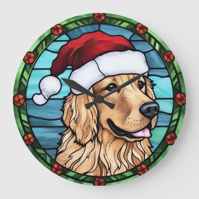 Golden Retriever Stained Glass Christmas Large Clock (Front)