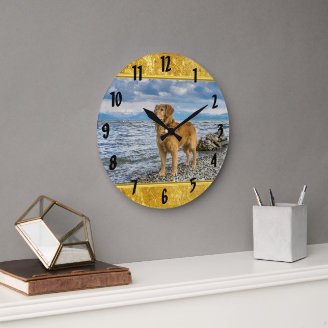 Golden Retriever standing on the blue ocean rocky Large Clock (Office)