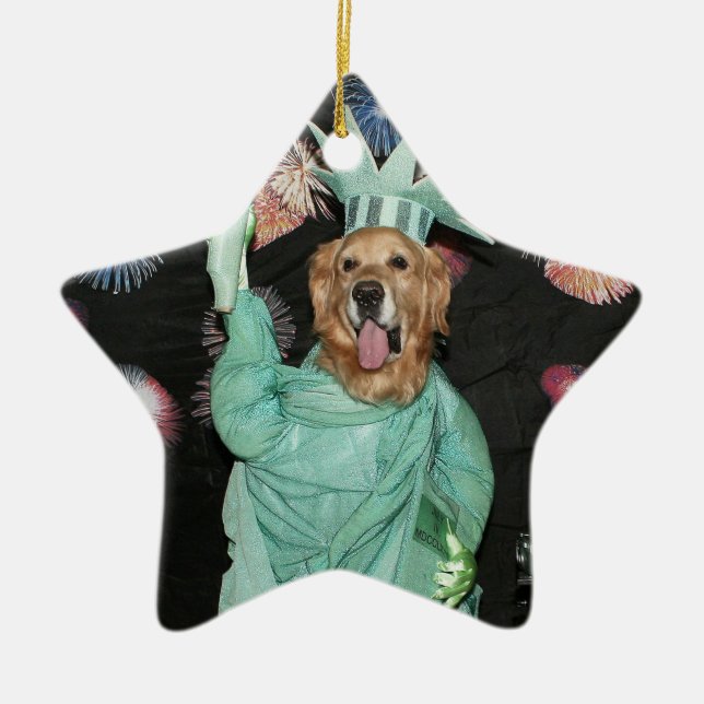 Golden Retriever Statue of Liberty Ceramic Tree Decoration (Front)