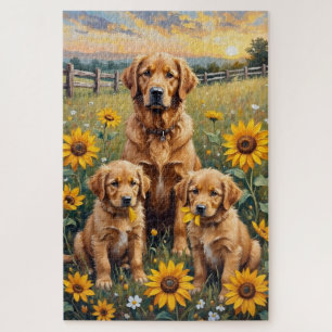 Golden Retriever Sunflower Meadow Art Jigsaw Puzzle