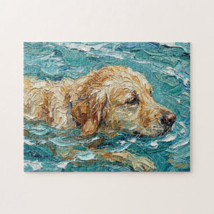 Golden Retriever Swimming I Turquoise Blue Colour Jigsaw Puzzle