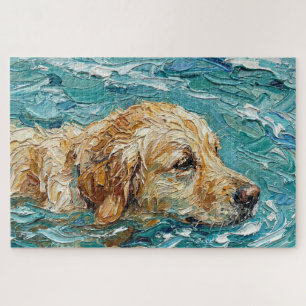 Golden Retriever Swimming I Turquoise Blue Colour Jigsaw Puzzle