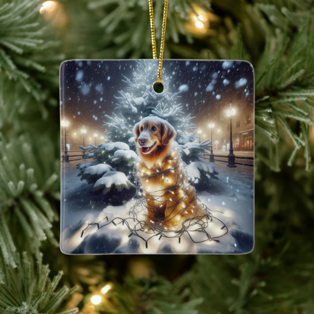 Golden Retriever Tangled In Christmas Lights Ceramic Ornament (Tree)