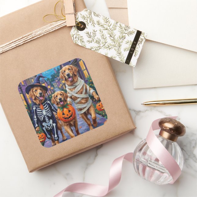 Golden Retriever Trick-or-Treating Halloween Square Sticker (Gifting)