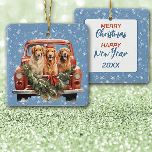 Golden Retriever Truck Trio Christmas Ceramic Ornament
