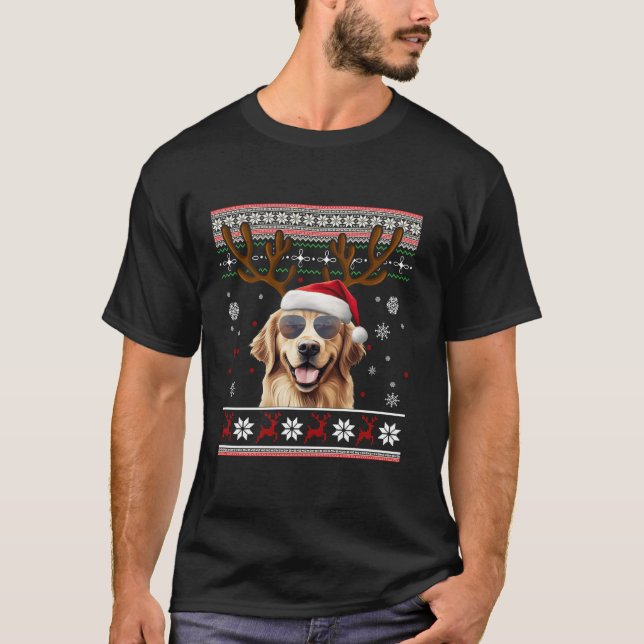 Golden Retriever Ugly Christmas Pajama Santa Hat R T-Shirt (Front)