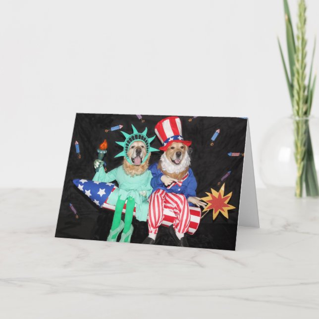 Golden Retriever Uncle Sam and Lady Liberty Card (Front)
