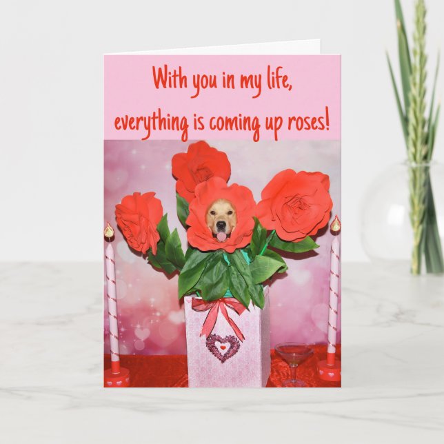 Golden Retriever Vase of Roses Valentine's Day Holiday Card (Front)