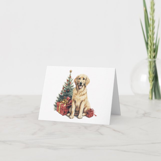Golden Retriever w Christmas Tree and Gift BLANK Card (Front)