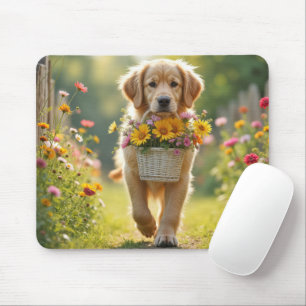 Golden Retriever Walking With a Flower Basket Mouse Pad