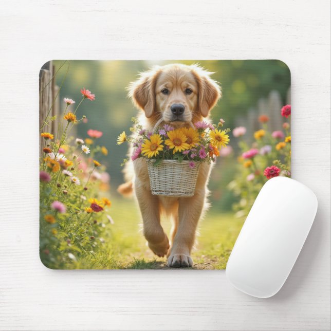 Golden Retriever Walking With a Flower Basket Mouse Pad (With Mouse)