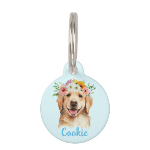 Golden Retriever Watercolor Flower Round Pet Tag