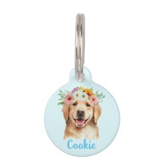 Golden Retriever Watercolor Flower Round Pet Tag