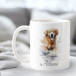 Golden retriever watercolor painting custom text coffee mug<br><div class="desc">Coffee mug featuring a beautiful watercolor painting of a Golden retriever running through water and customisable text,  for example a name.</div>