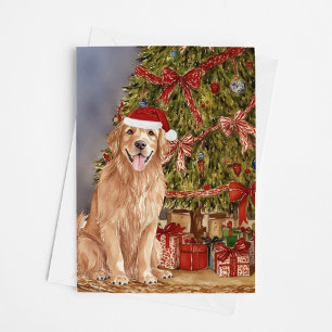 Golden Retriever Watercolor Under Christmas Tree Card