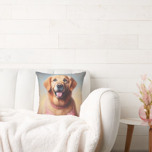 Golden Retriever Wearing a Pink Bra Cushion (Couch)