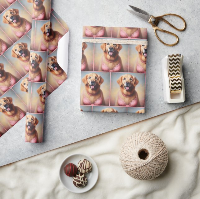 Golden Retriever Wearing a Pink Bra Wrapping Paper (Crafts)