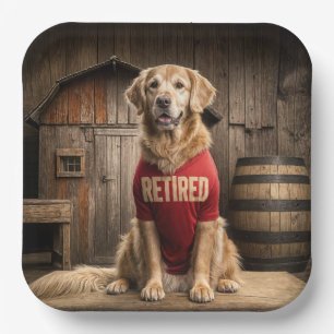 Golden Retriever Wearing a Red Retired Shirt Paper Plate