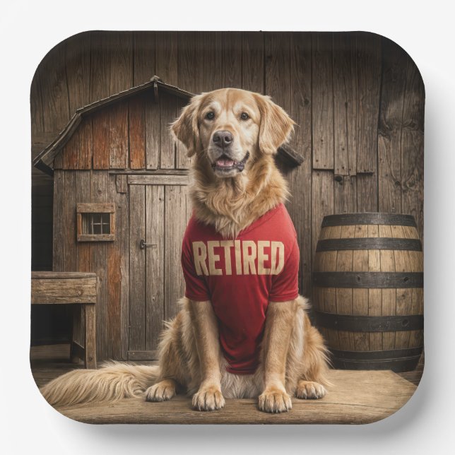 Golden Retriever Wearing a Red Retired Shirt Paper Plate (Front)