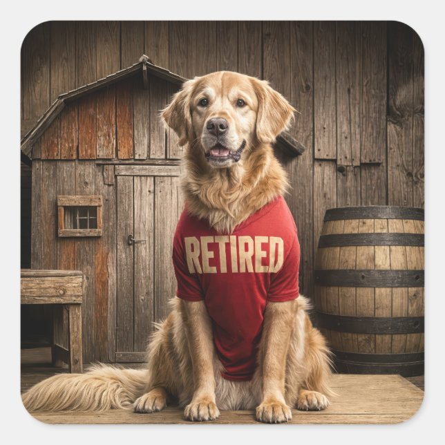 Golden Retriever Wearing a Red Retired Shirt Square Sticker (Front)