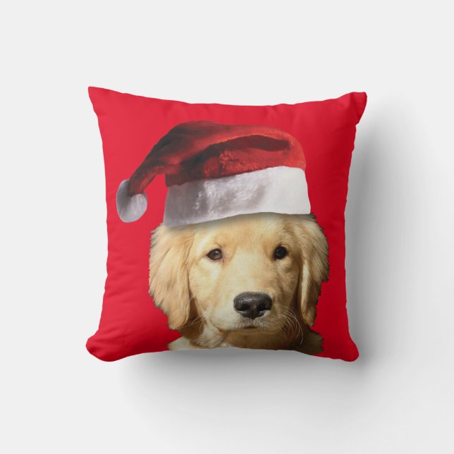 Golden Retriever wearing a Santa Claus hat Cushion (Front)