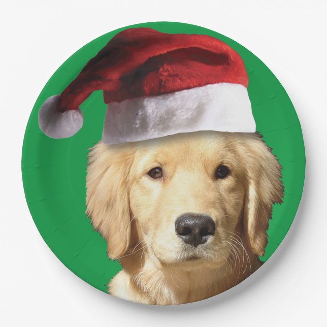 Golden Retriever wearing a Santa Claus Hat Paper Plate (Front)