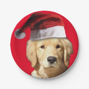 Golden Retriever wearing a Santa Claus Hat Paper Plate