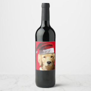 Golden Retriever wearing a Santa Claus Hat Wine Label