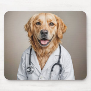 Golden Retriever Wearing a White Lab Coat Mouse Pad
