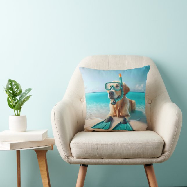 Golden Retriever Wearing Snorkel and Flippers Cushion (Chair)