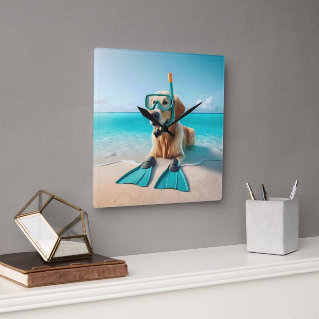 Golden Retriever Wearing Snorkel and Flippers Square Wall Clock (Office)