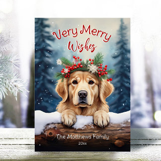 Golden Retriever Winter Pet Portrait Very Merry Holiday Card
