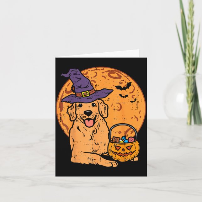 Golden Retriever Witch Moon Jack O Lantern Card (Front)