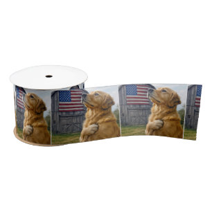 Golden Retriever With a Barn American Flag Satin Ribbon